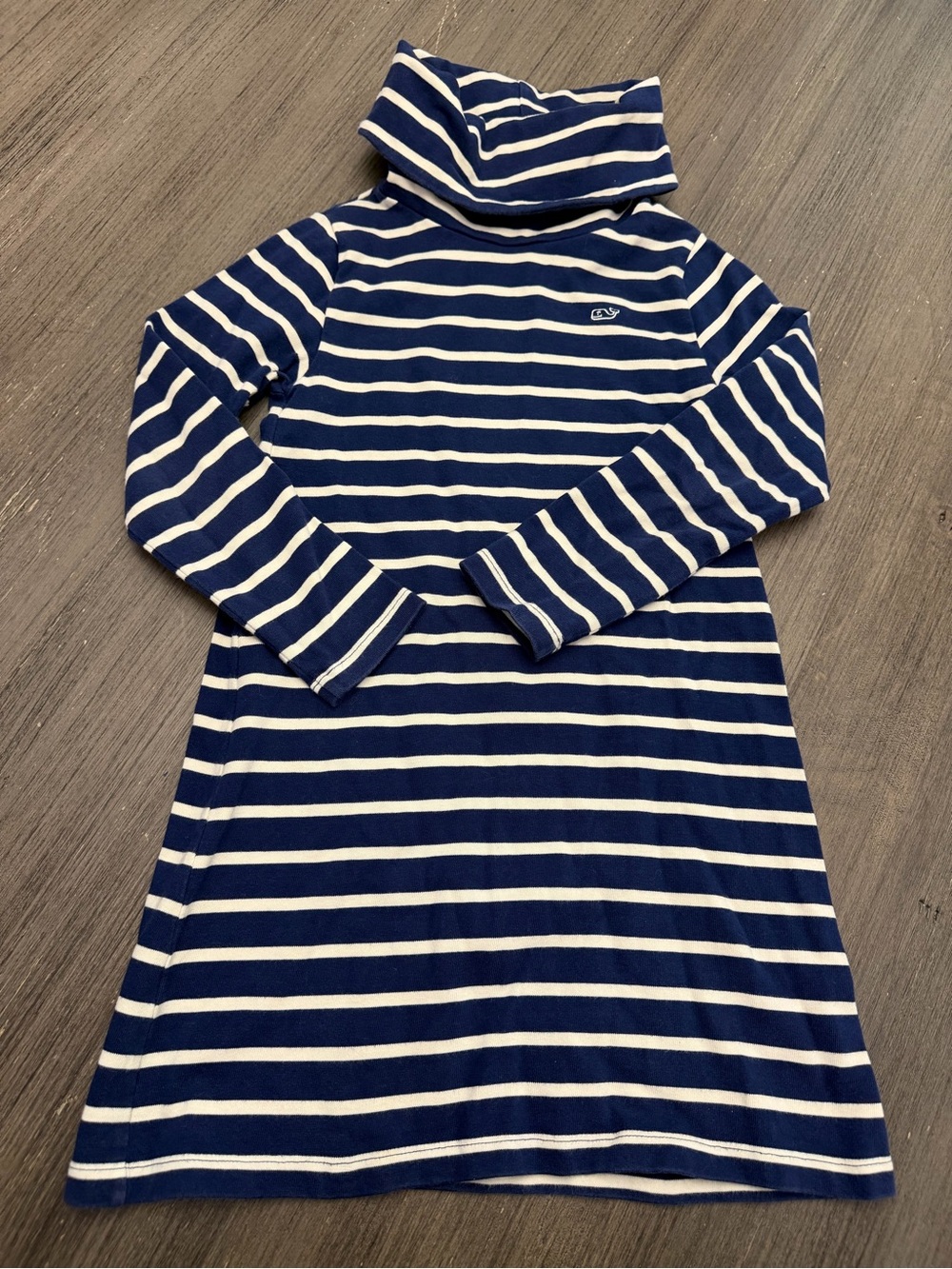 Girls Vineyard Vines Stripped Turtleneck A-Line Dress - Navy & Cream
